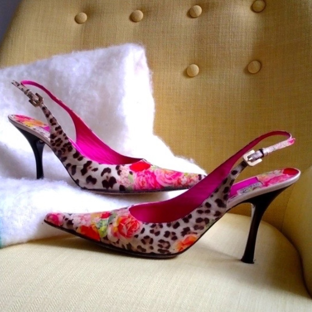 Sofia-Colourful floral print fashion statement Slingbacks/Stilletos, sz 10